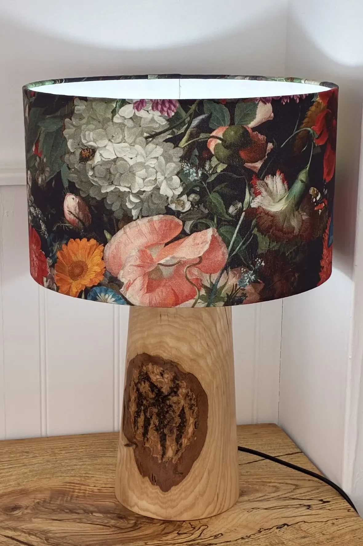Black lampshade with grey and pink flowers